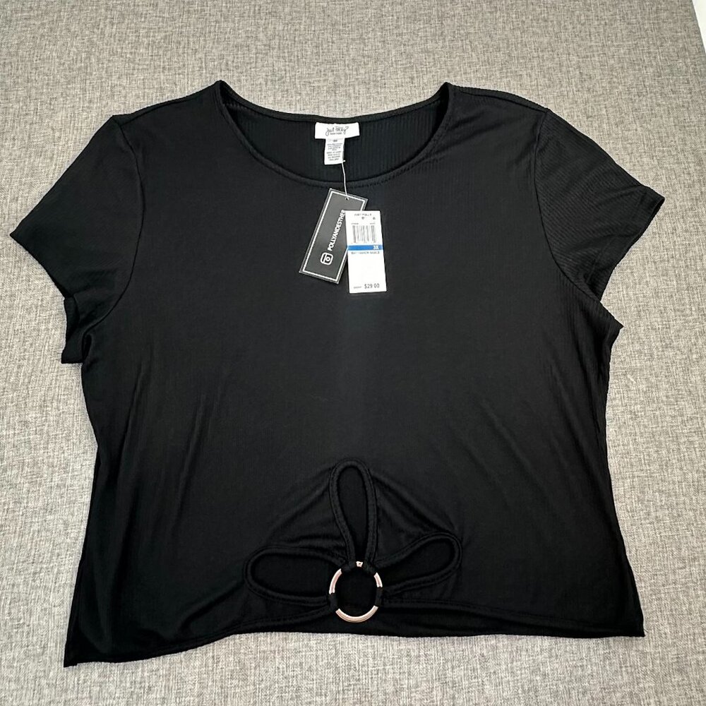 NEW Just Polly Black Blouse Plus 3X Stretch Round Neck Short Sleeve Cut Out Ring